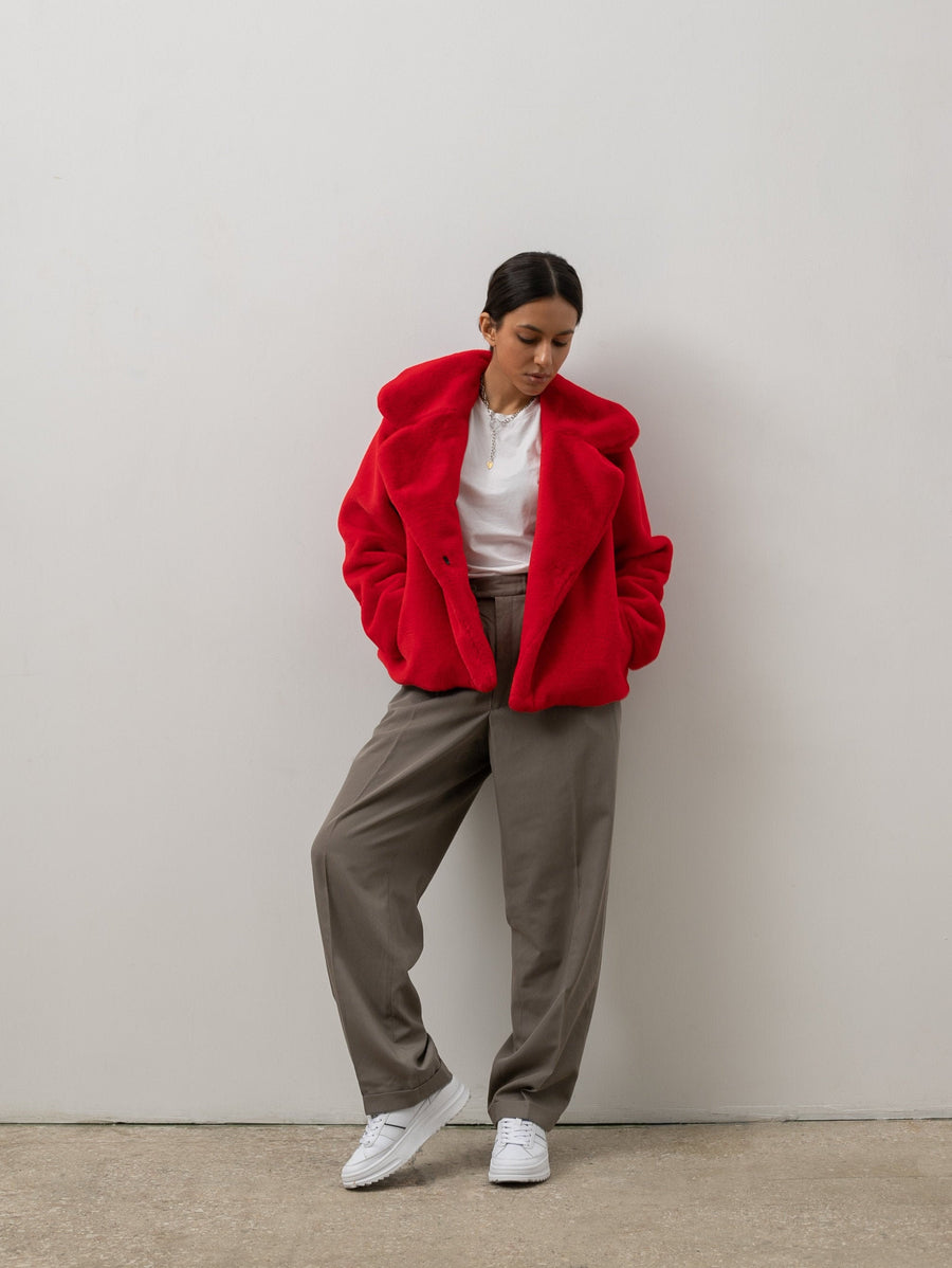 Fire red faux fur jacket, Cropped coat with collar, Soft coat