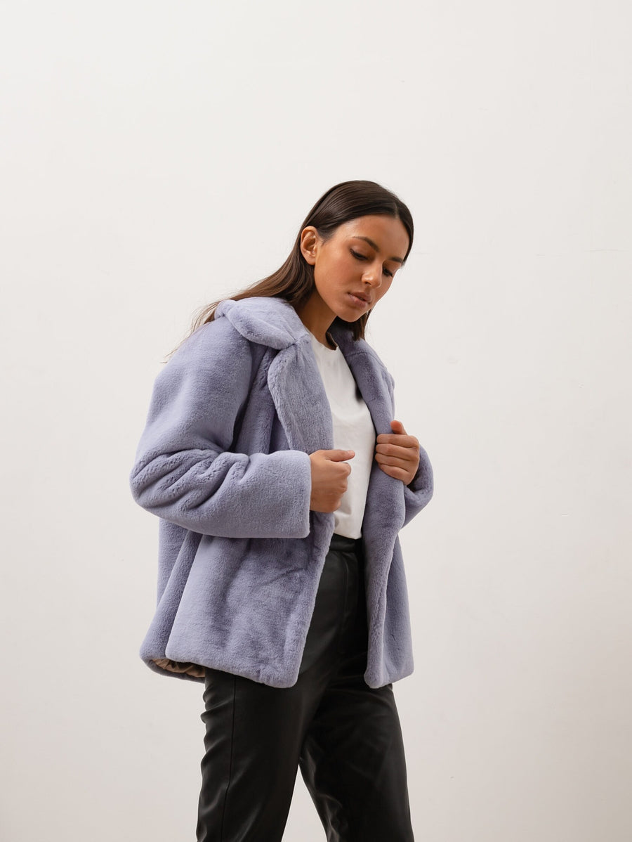 Lilac blue faux fur jacket, Soft touch coat, Vegan jacket