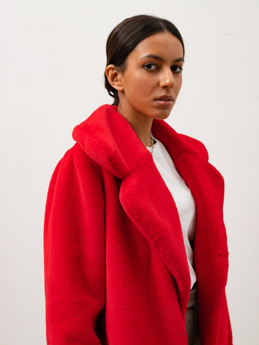 Fire red faux fur jacket, Cropped coat with collar, Soft coat