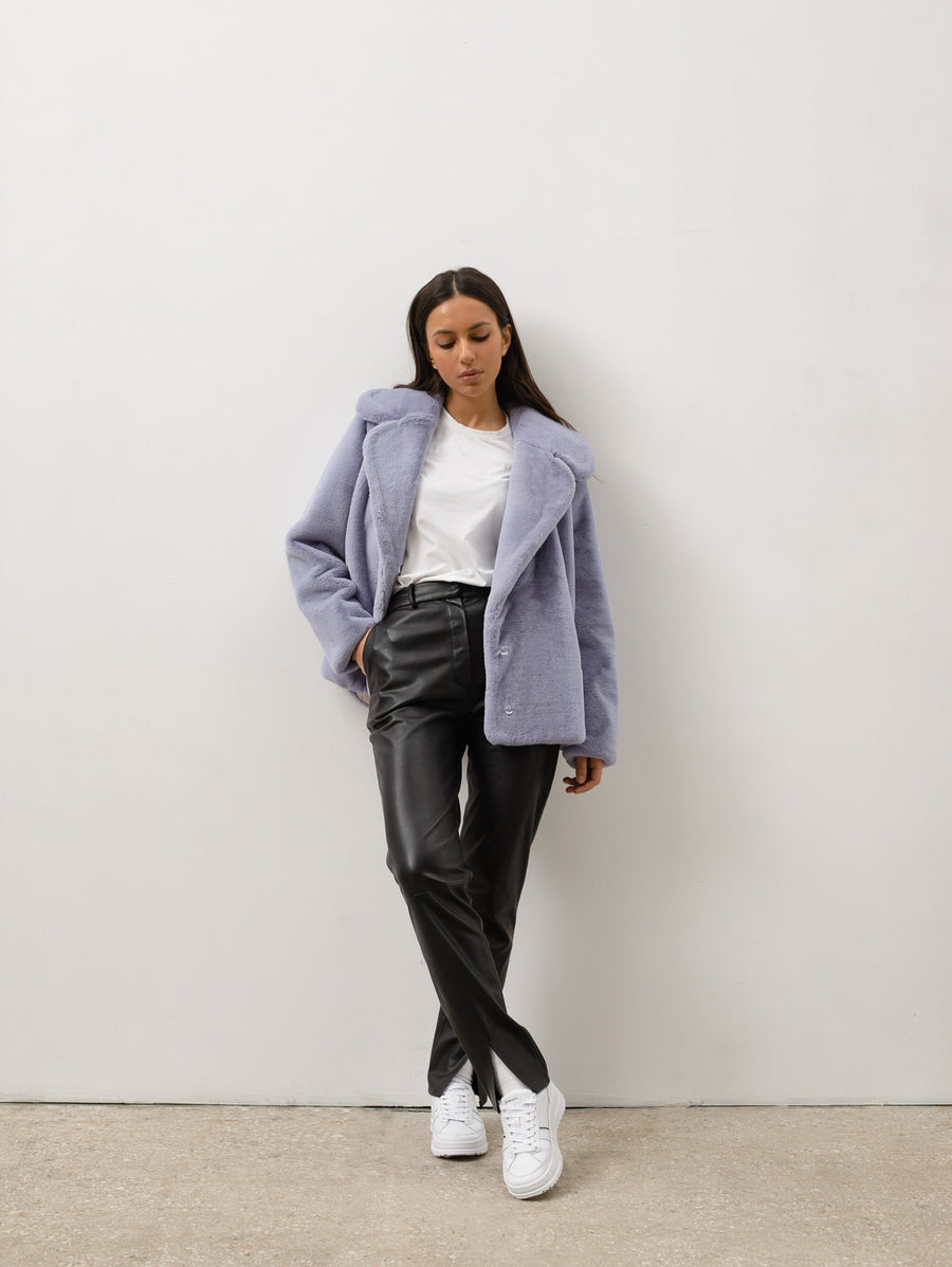 Lilac blue faux fur jacket, Soft touch coat, Vegan jacket