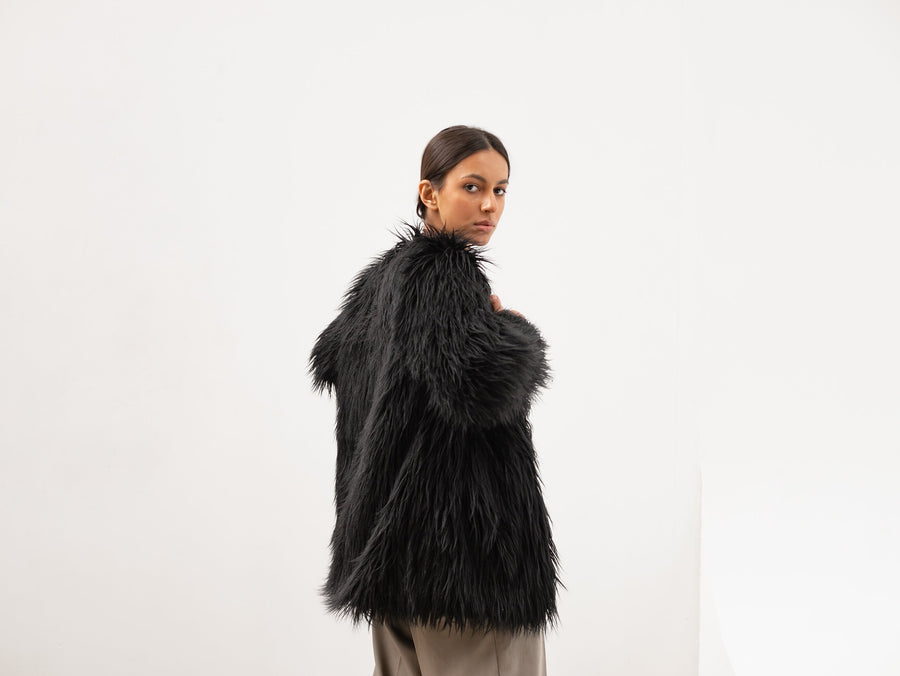 Black faux fur llama coat, Shaggy jacket, Long line midi coat