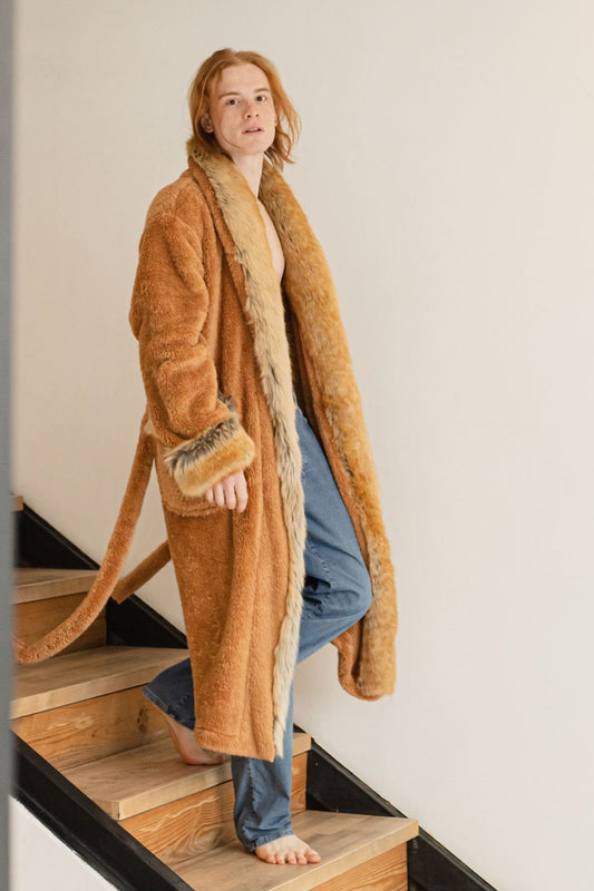 man faux fur robe