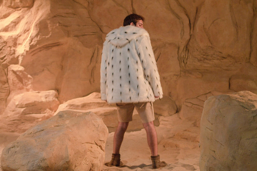 White hooded faux fur coat, men's ermine faux fur coat, Burning man fluffy coat