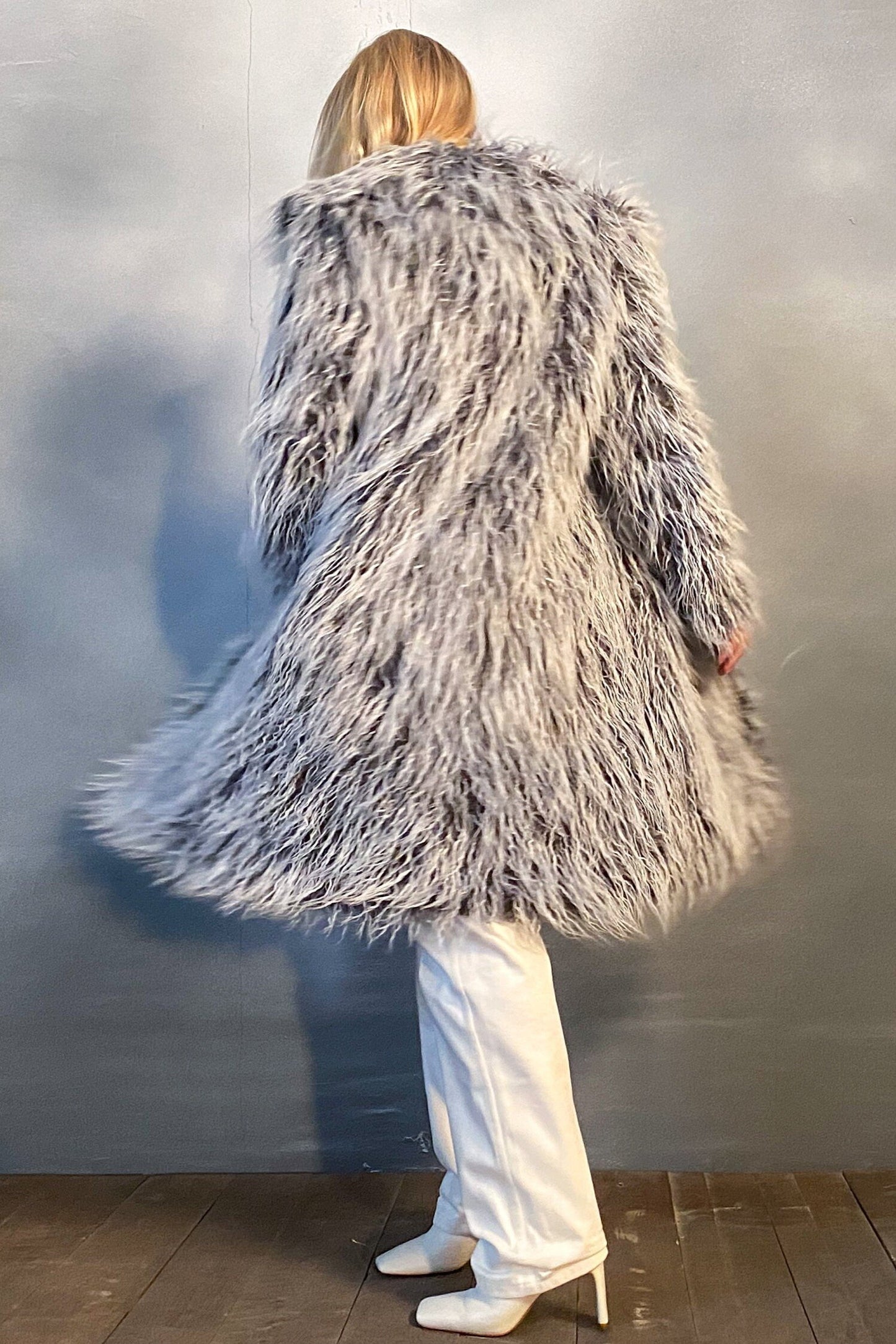 Collared grey llama faux fur coat