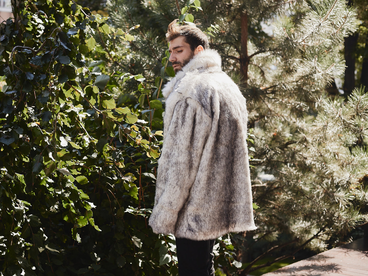 Collared white wolf faux fur jacket