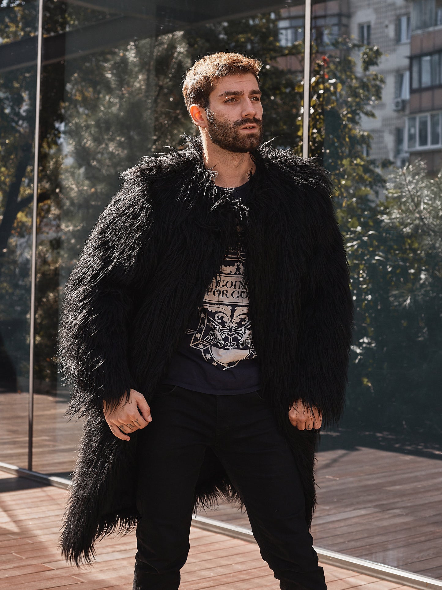 Black llama faux fur coat