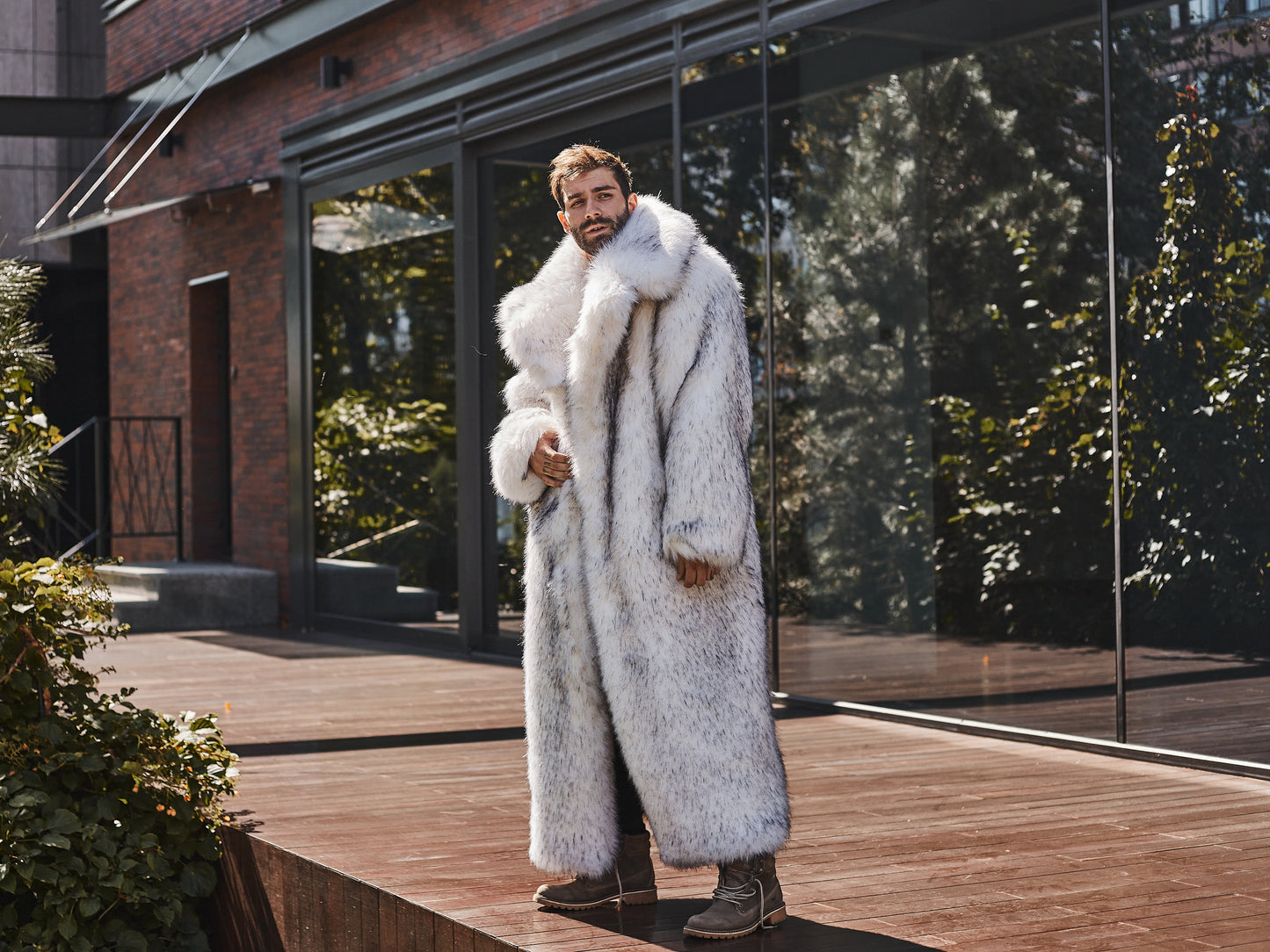 Ken white faux fur coat, long white mens furry jacket