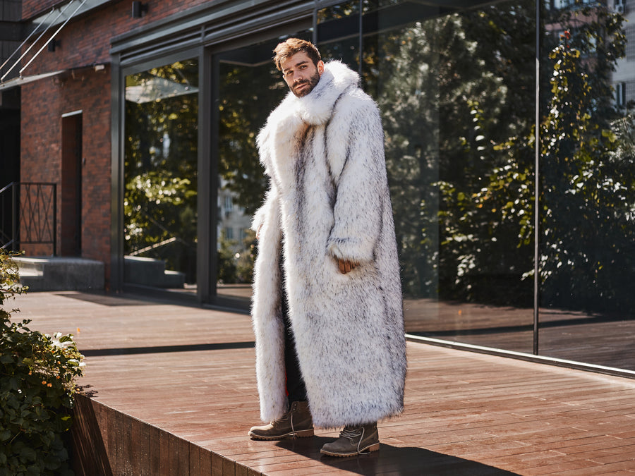 Ken white faux fur coat, long white mens furry jacket