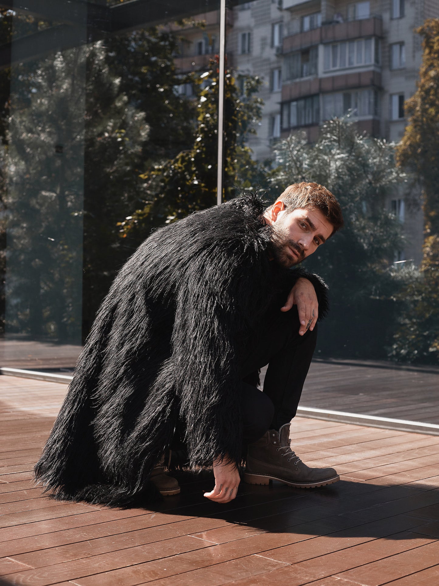 Black llama faux fur coat