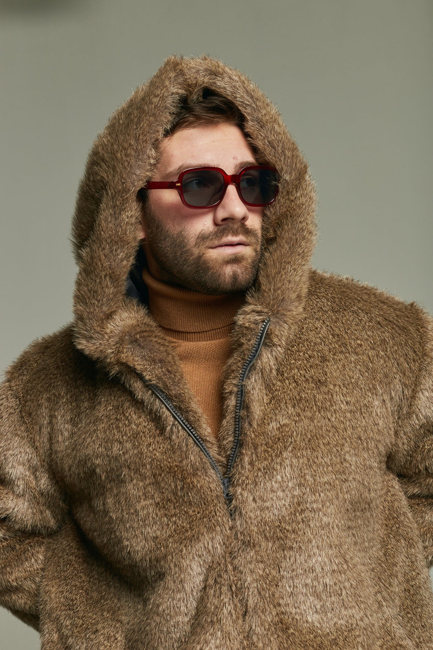 Wolf faux fur bomber with oversized hood