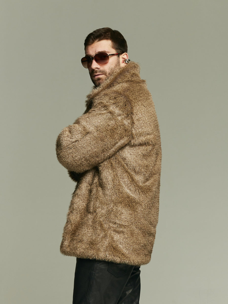 Gray wolf collared faux fur jacket