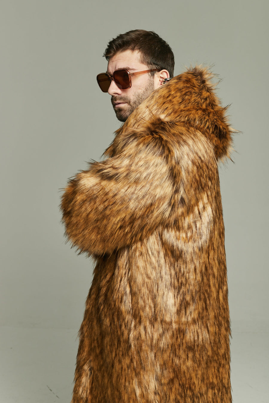 Long fox faux fur coat with oversized hood