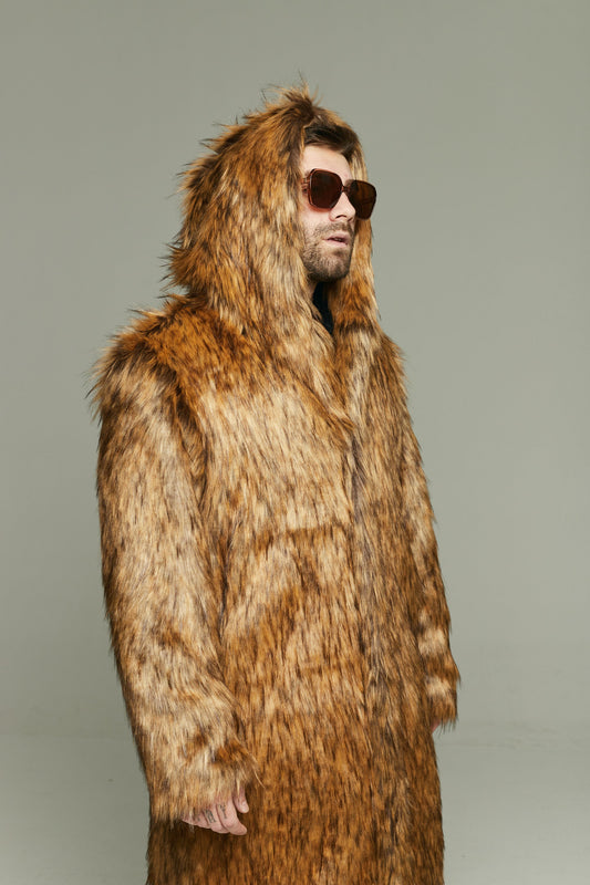 brown hooded long faux fur coat