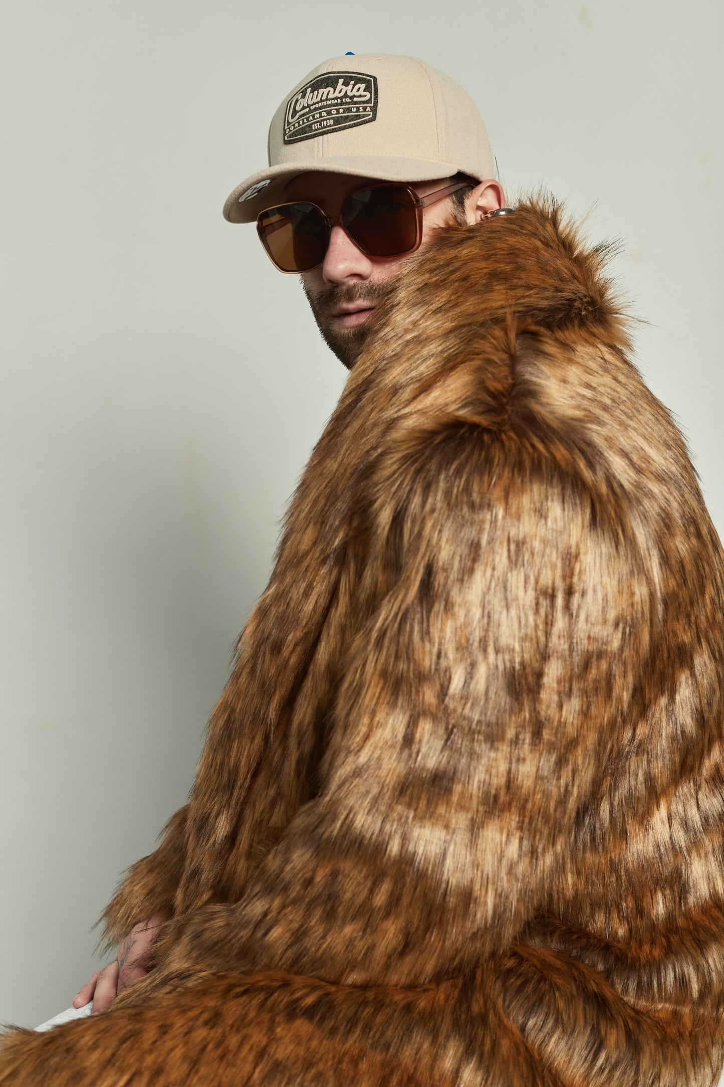 Classic brown faux fur coat with shawl collar