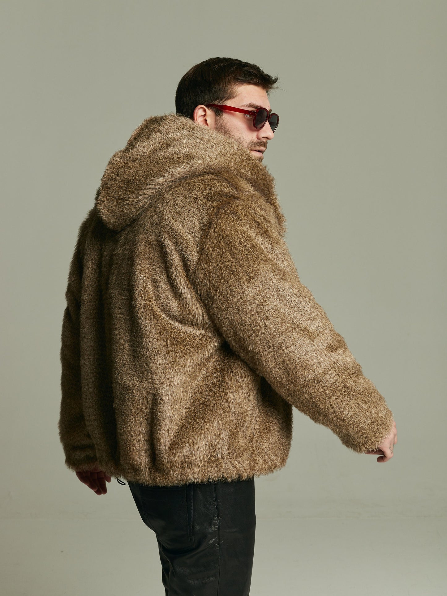 Wolf faux fur bomber with oversized hood