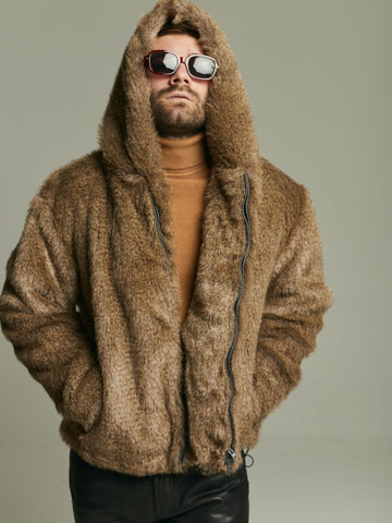 Wolf faux fur bomber with oversized hood , Mens furry hooded jacket, Gray short faux fur coat