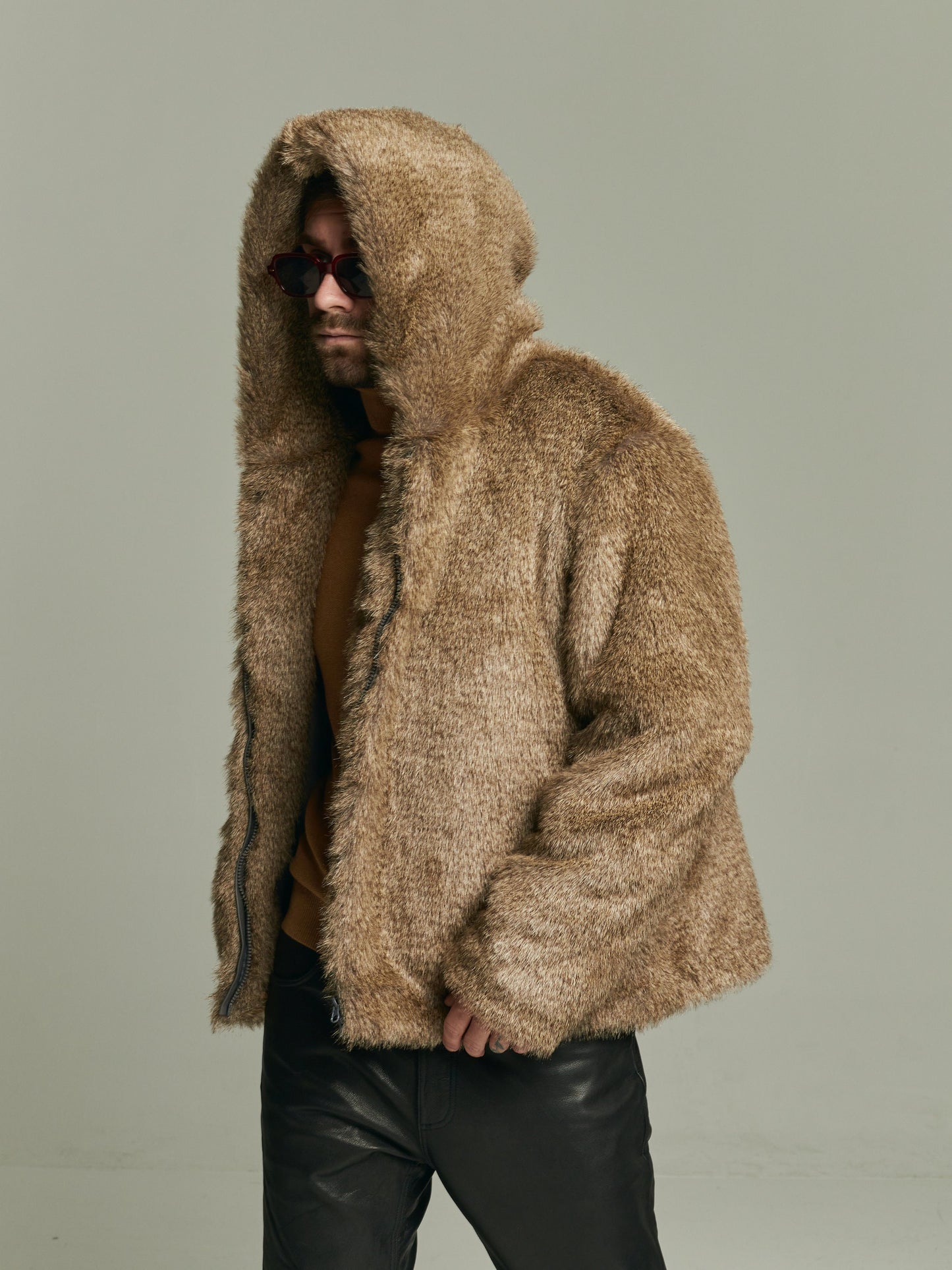 Wolf faux fur bomber with oversized hood