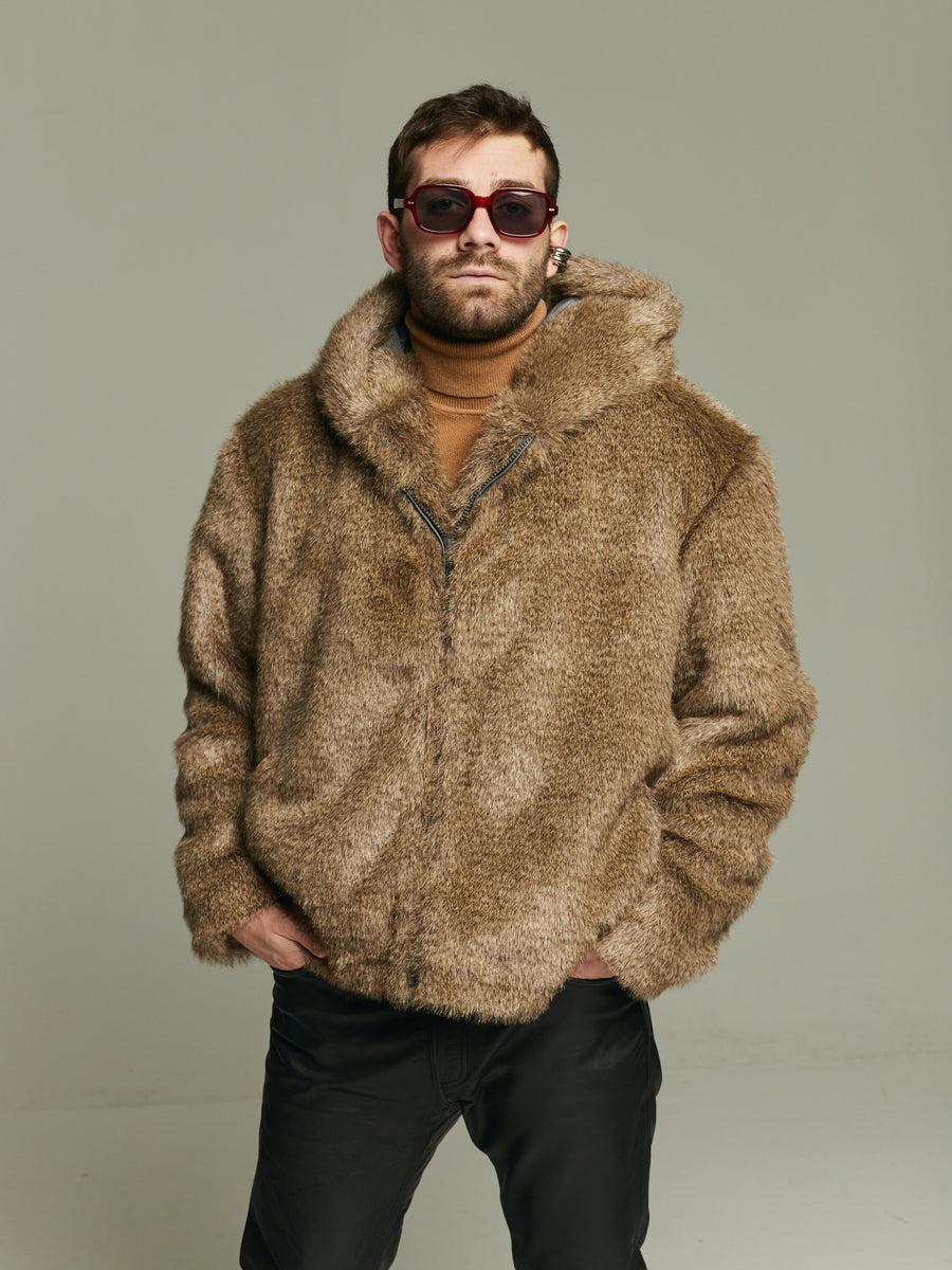 Wolf faux fur bomber with oversized hood , Mens furry hooded jacket, Gray short faux fur coat