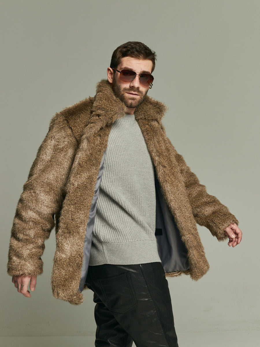 Gray wolf collared faux fur jacket