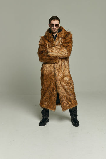 Long fox faux fur coat with oversized hood