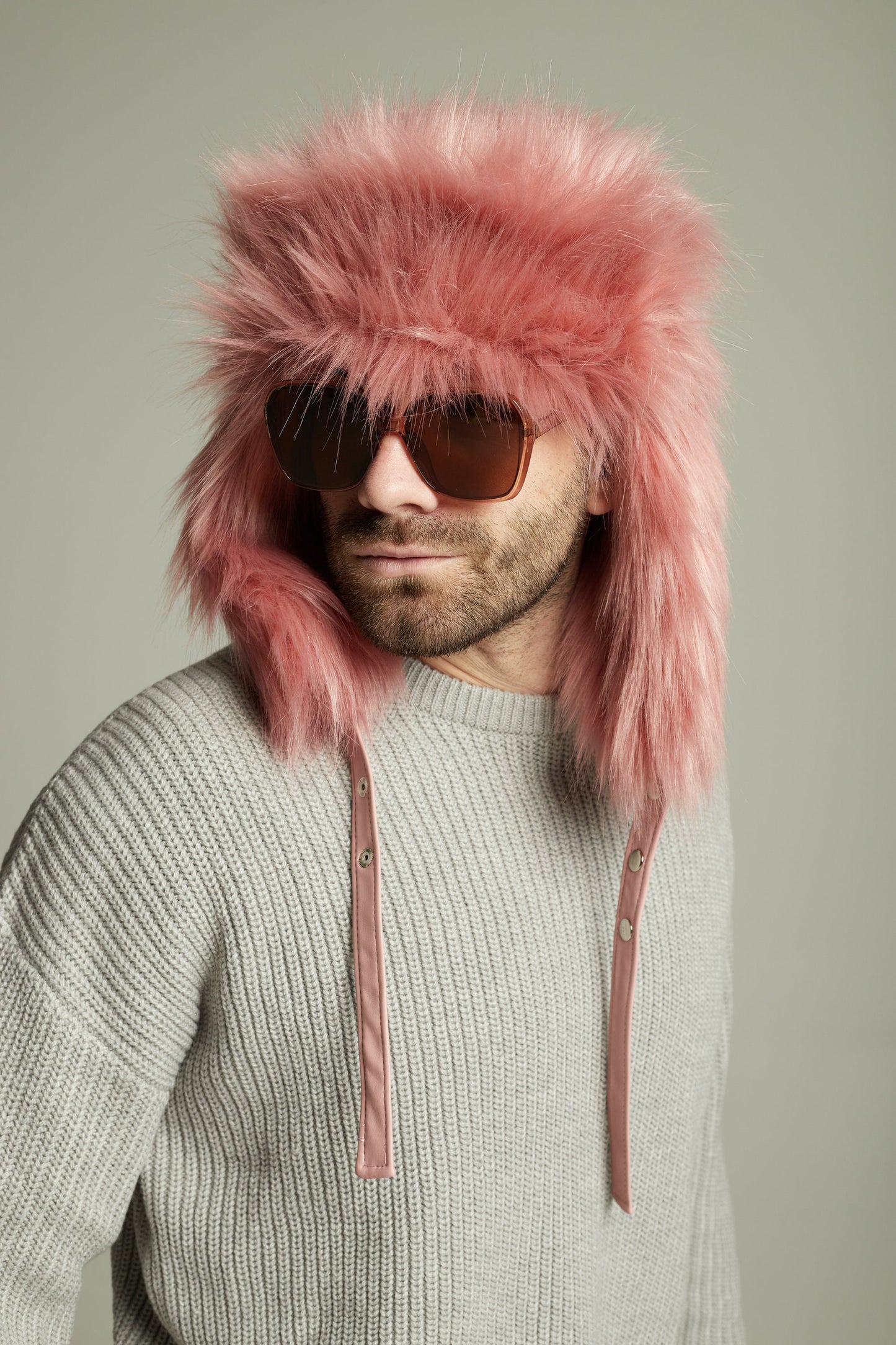 Pink faux fur trapper hat