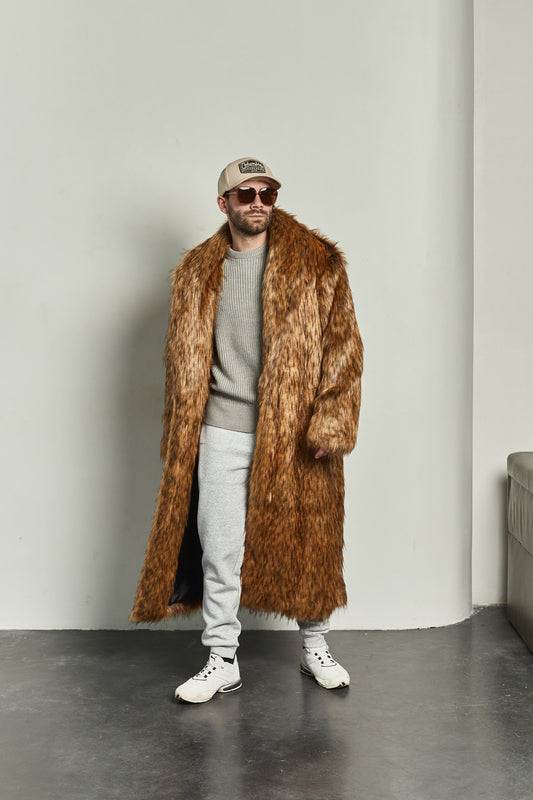 Mens long faux fur coat with shawl collar